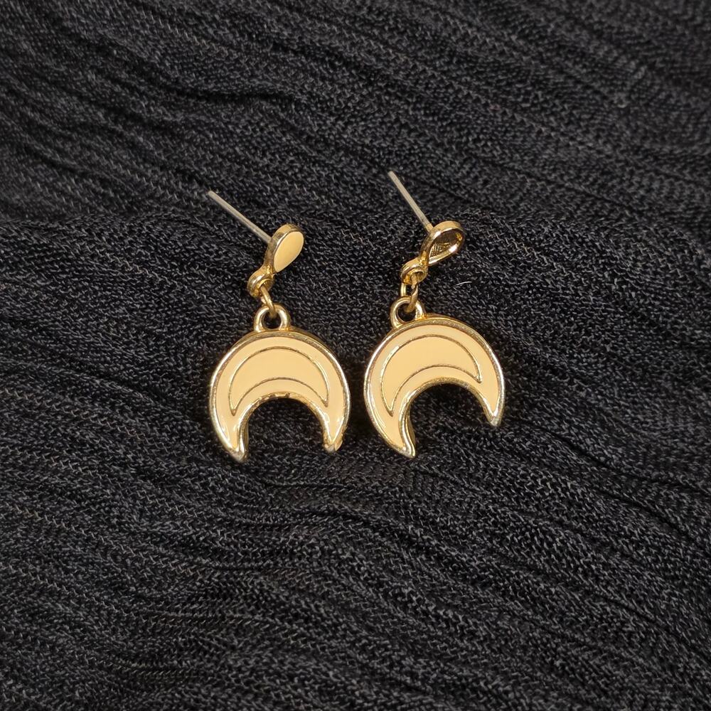 Vintage Cream Enamel Crescent Moon Earrings Gold Tone Celestial Dangle